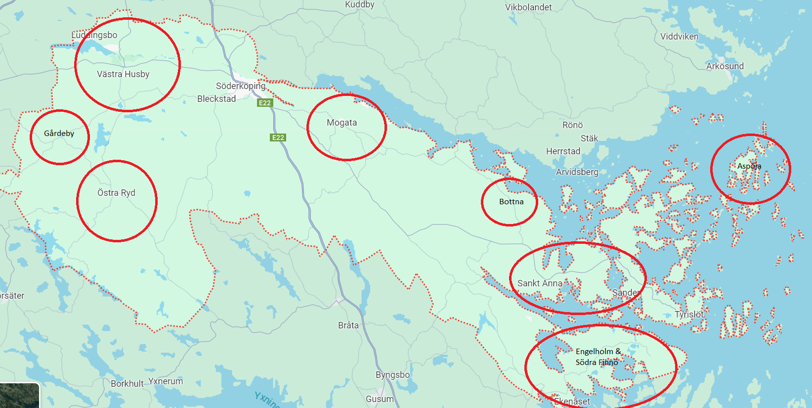BILD_karta_Söderköpings kommun Karta över Söderköpings kommun och bygder som medverkande i projektet Möjligheternas Söderköping - Landsbygd & skärgård